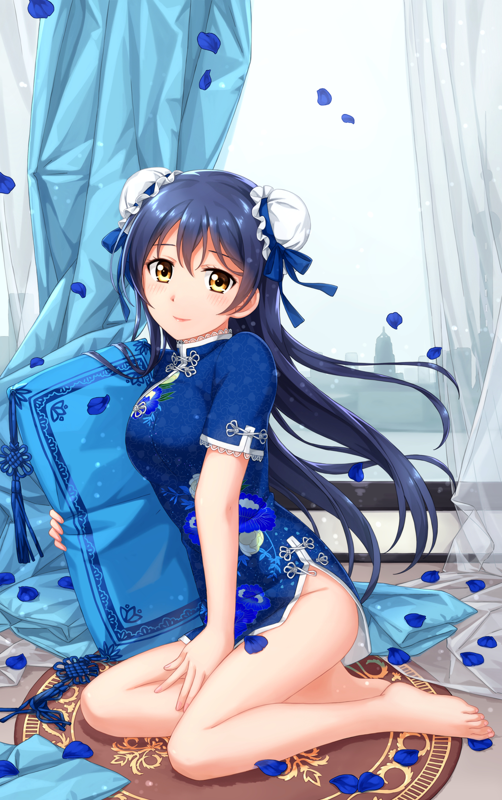 blsuh, blue_hair, brown_eyes, chinese_dress, hair_buns, long_hair, love_live!_school_idol_project, sonoda_umi
