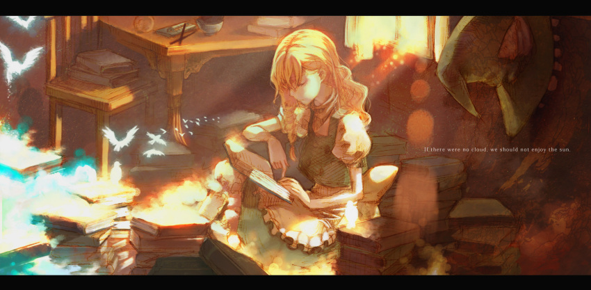 book, chair, chopsticks, closed_eyes, cos, cosmic_(crownclowncosmic), engrish, hat, hat_removed, headwear_removed, highres, indoors, kirisame_marisa, magic, ranguage, reading, sitting, sunbeam, sunlight, touhou, window