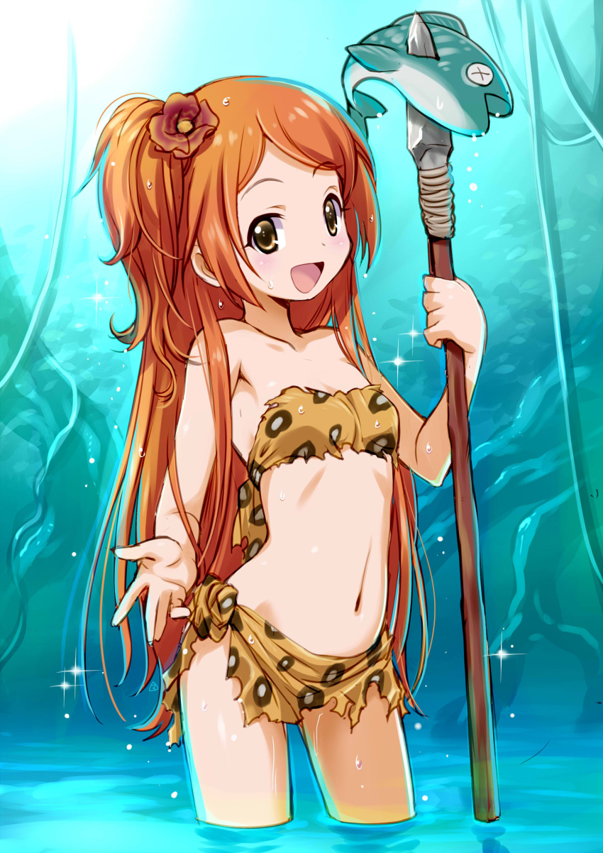 1girl, absurdres, bare_shoulders, blush, brown_eyes, brown_hair, commentary_request, fish