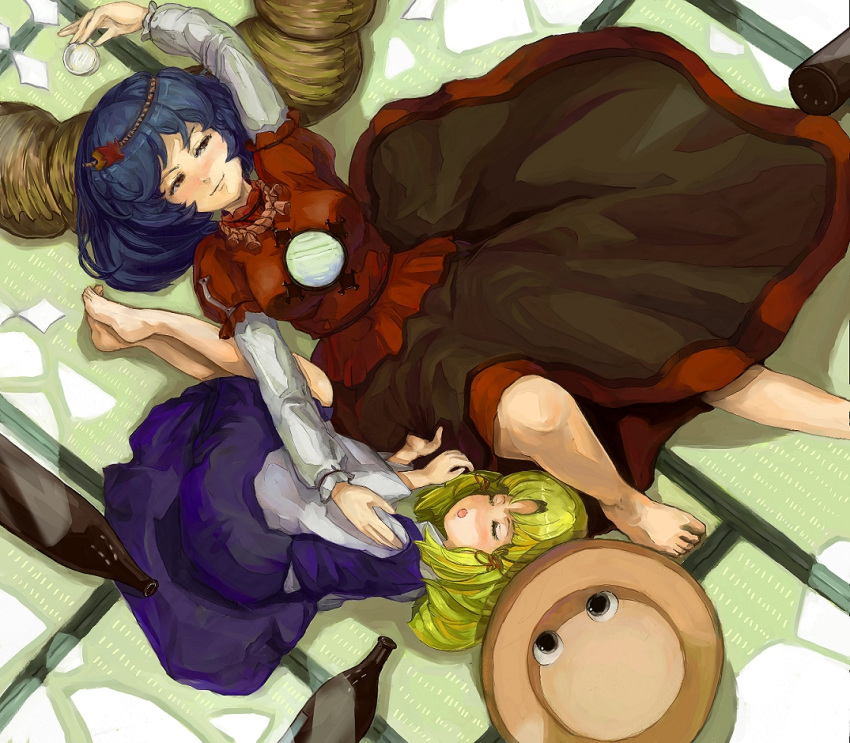 barefoot, blonde_hair, blue_hair, bottle, eyes, feet, hat, long_skirt