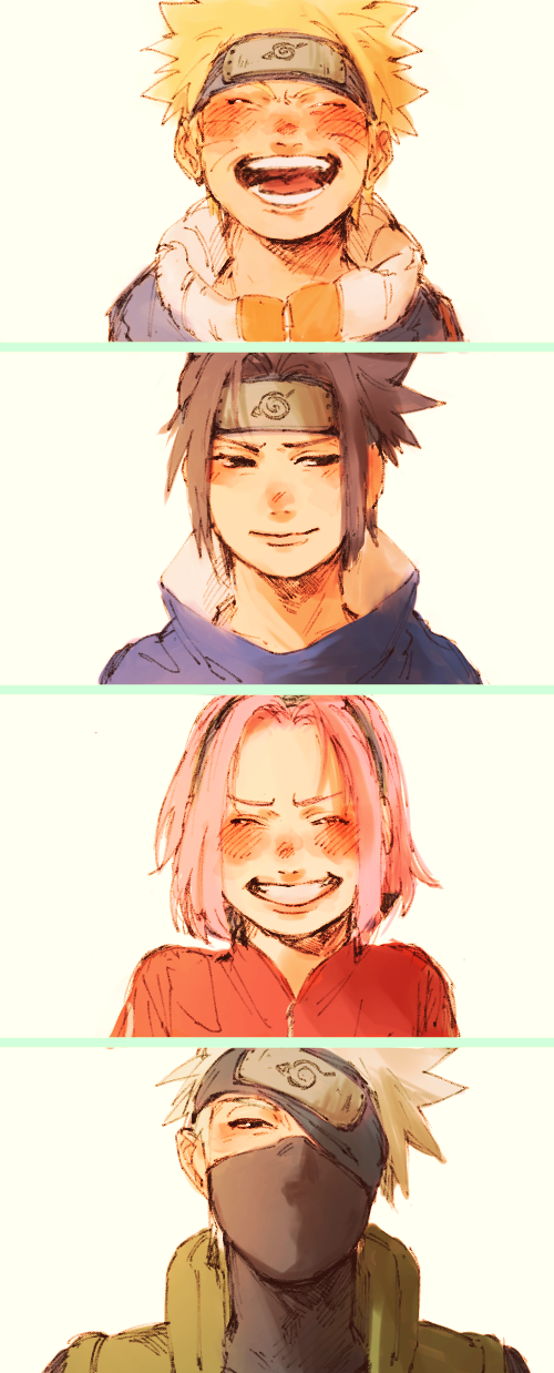 1girl, 3boys, black_hair, blonde_hair, facial_mark, forehead_protector, grin, haruno_sakura, hatake_kakashi, highres, jump_(ah0029), long_hair, mask, multiple_boys, naruto, pink_hair, short_hair, silver_hair, smile, uchiha_sasuke, uzumaki_naruto