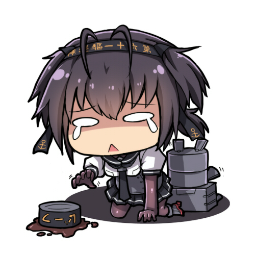 1girl, anchor_symbol, canned_food, chibi, chou-10cm-hou-chan, gloves, hatsuzuki_(kantai_collection), headband, kaiyi, kantai_collection, lowres, open_mouth, school_uniform, serafuku, short_hair, skirt, solo, tears, translated