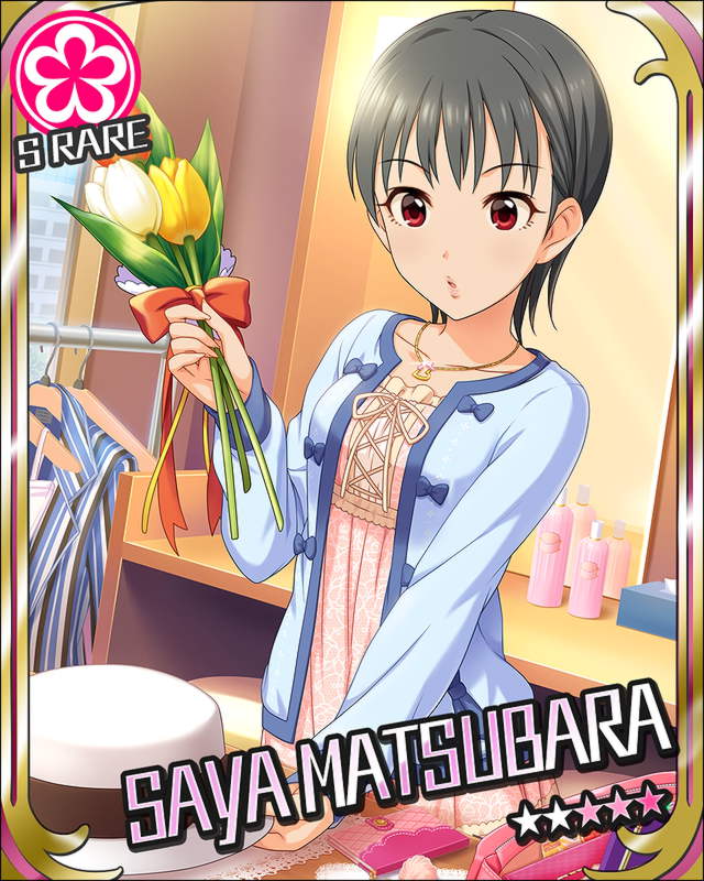 black_hair, blush, character_name, idolmaster, idolmaster_cinderella_girls, jacket, matsubara_saya, red_eyes