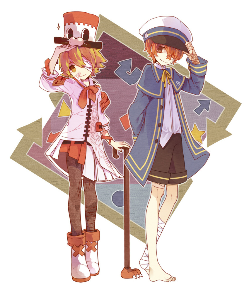 2boys, arrow, asymmetrical_clothes, bandage_over_one_eye, bandaged_leg, bandages, bandaid, bandaid_on_nose, barefoot, blonde_hair, boots, brown_eyes, cane, coat, cosplay, costume_switch, fukase, fukase_(cosplay), hair_over_one_eye, hat, highres, male_focus, mechanical_eye, multiple_boys, oliver_(vocaloid), oliver_(vocaloid)_(cosplay), one_eye_covered, redhead, ribbon, sailor_collar, sailor_hat, short_hair, shorts, top_hat, trait_connection, vocaloid, yanco, yellow_eyes