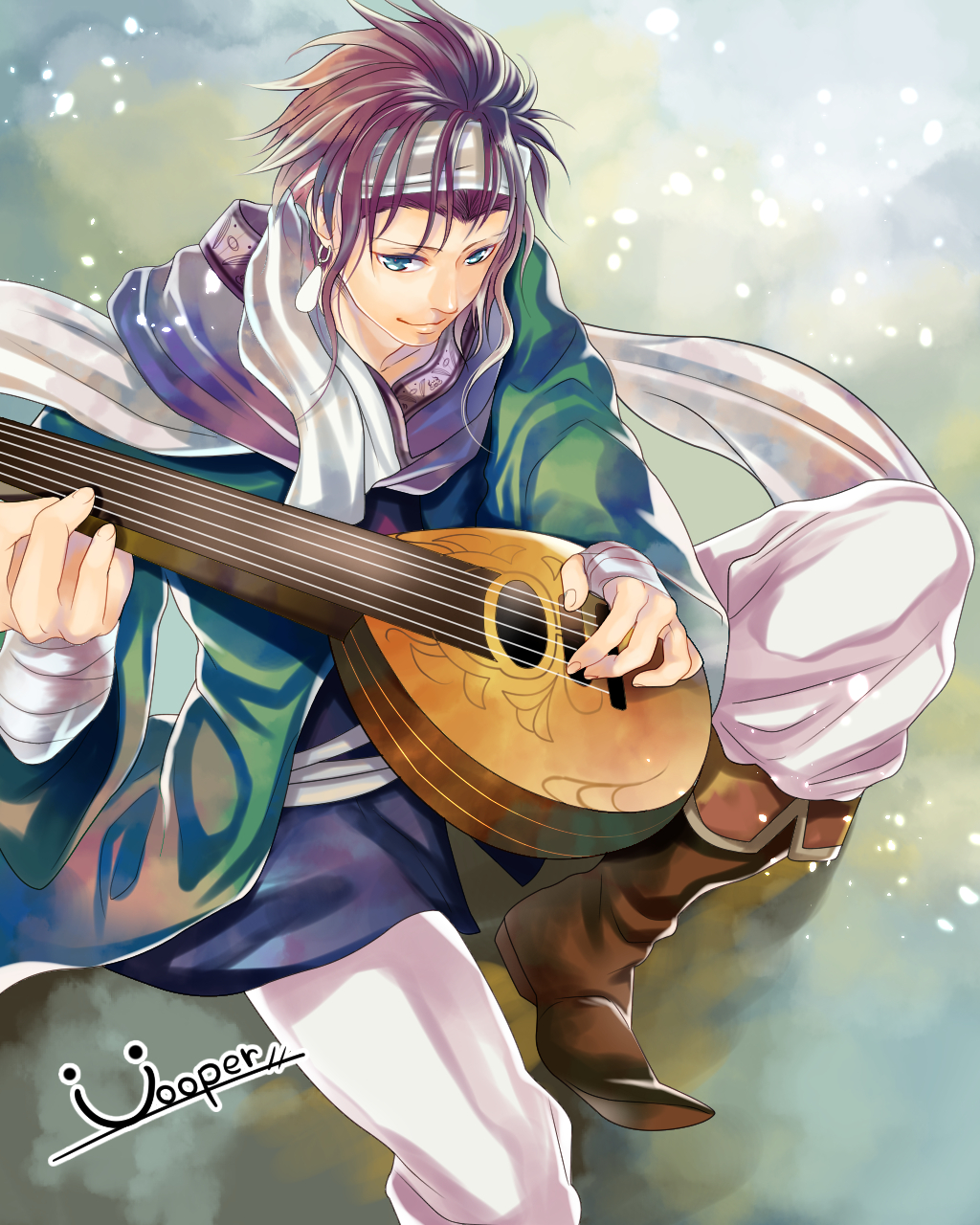 1boy, arslan_senki, artist_name, bandages, blue_eyes, boots, earrings, gieve