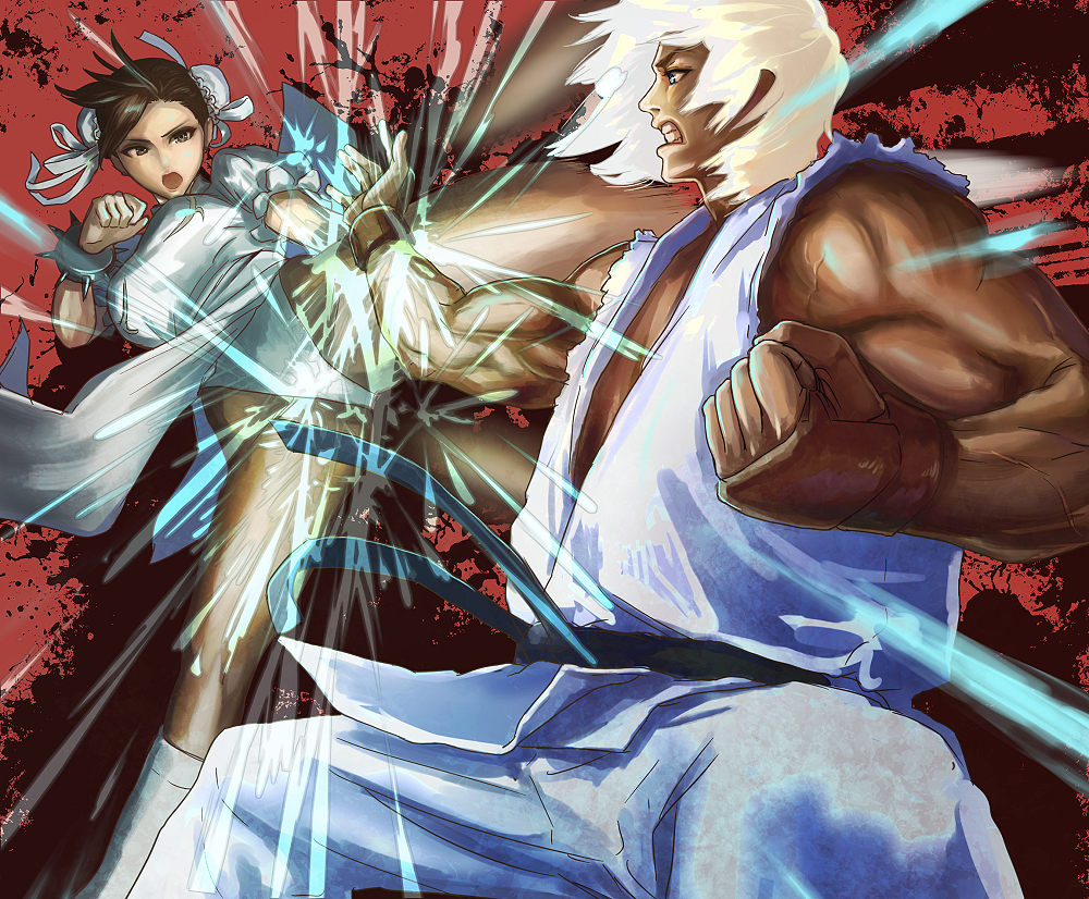 1boy, 1girl, alternate_color, battle, blocking, blonde_hair, blue_eyes, bun_cover