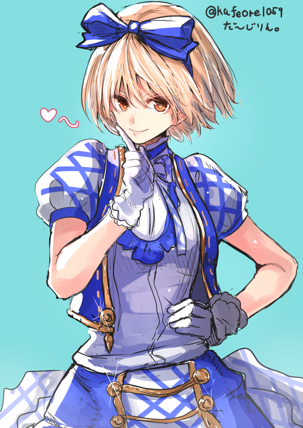 1girl, blonde_hair, blue_ribbon, blush, brown_eyes, cafe_au_lait_(kafeore), djeeta_(granblue_fantasy), dress