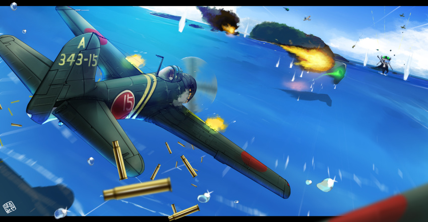 1girl, airplane, battle, bodysuit, cape, clouds, commentary_request, enemy_aircraft_(kantai_collection), firing, glowing, glowing_eyes, harumiya_hiro, headgear, highres, island, kantai_collection, kawanishi_n1k2-j_shiden_kai, kawanishi_shidenkai, military, ocean, pale_skin, shell_casing, shinkaisei-kan, sky, water, weapon, white_skin, wo-class_aircraft_carrier