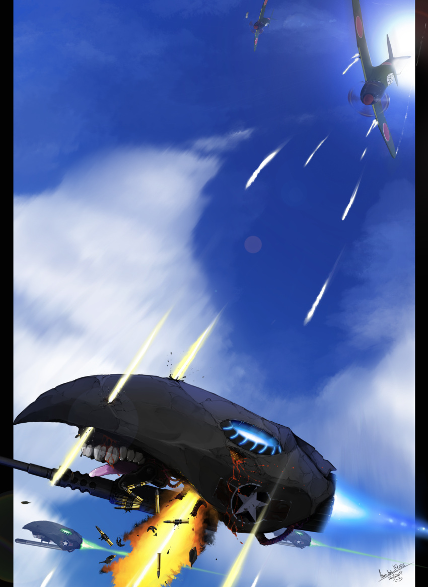 a6m_zero, absurdres, airplane, battle, browning_m2, commentary_request, enemy_aircraft_(kantai_collection), firing