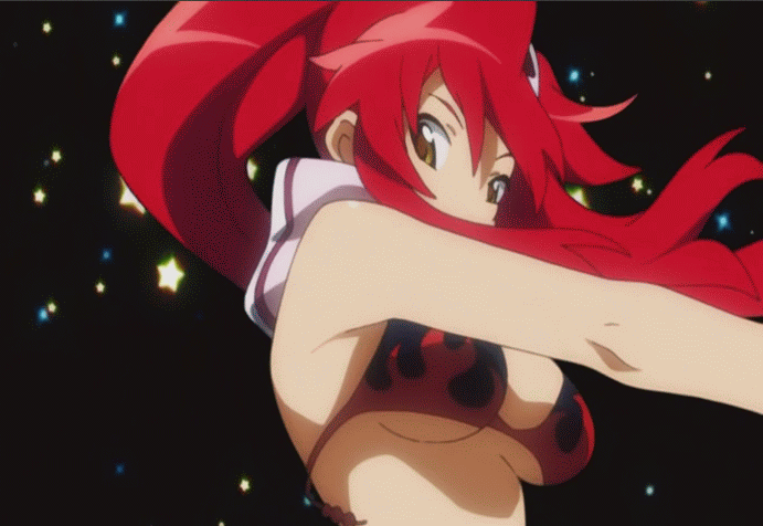 animated_gif, bikini_top, bouncing_breasts, breasts, cleavage, finger_gun, fingerless_gloves, gif
