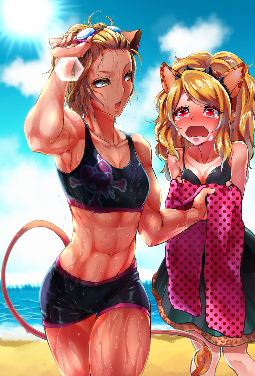 2girls, abs, animal_ears, bangs, beach, blonde_hair, blush, cheety_(show_by_rock!!), clouds, crying, dress, goggles, goggles_on_head, highres, lion_ears, lion_tail, long_hair, lyna_(show_by_rock!!), multiple_girls, muscle, muscular_female, ocean, open_mouth, red_eyes, short_hair, show_by_rock!!, sky, swimsuit, tail, tears, thighs, towel, wet, yellow_eyes
