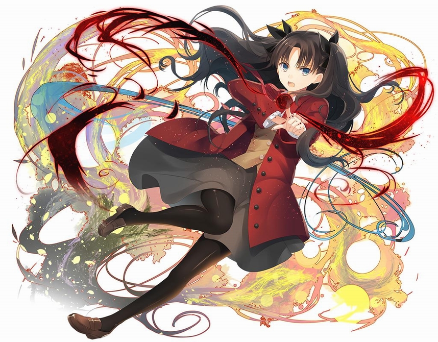 black_hair, black_legwear, black_skirt, blue_eyes, bow, casting_spell, coat, fate/stay_night
