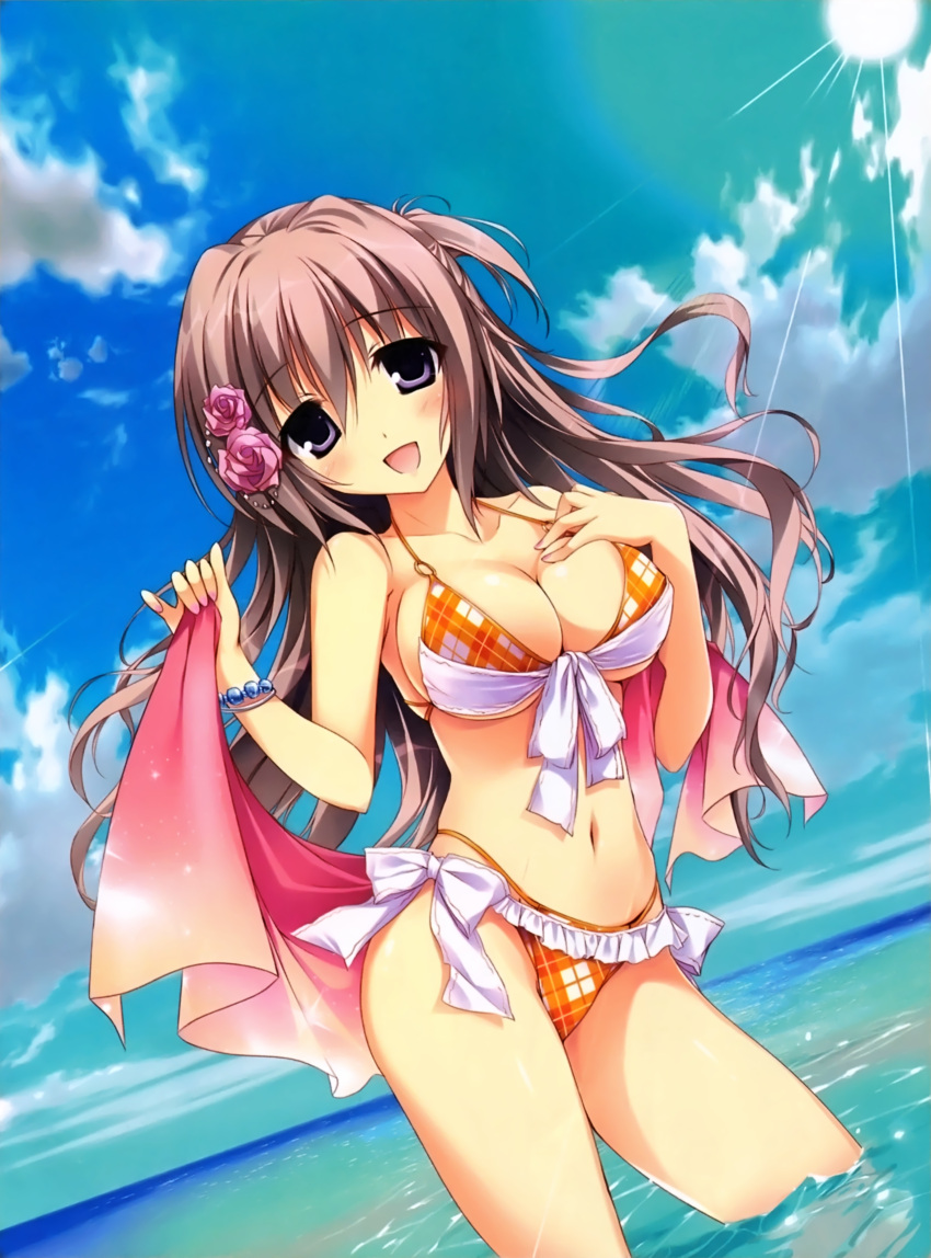 1girl, :d, absurdres, bikini, blue_sky, blush, bracelet, braid
