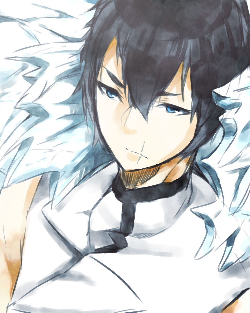 1boy, black_hair, bleach, blue_eyes, cang_du, koujira, portrait, scar, solo