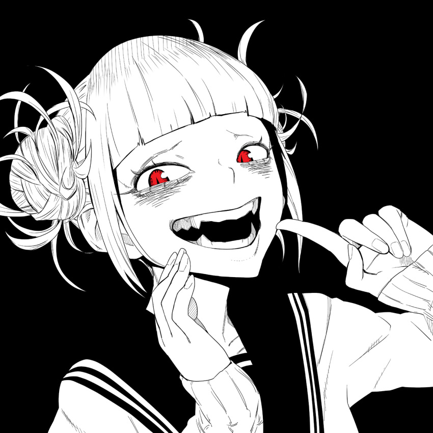 bags_under_eyes, bangs, blunt_bangs, boku_no_hero_academia, commentary_request, double_bun, fangs, hand_on_own_face