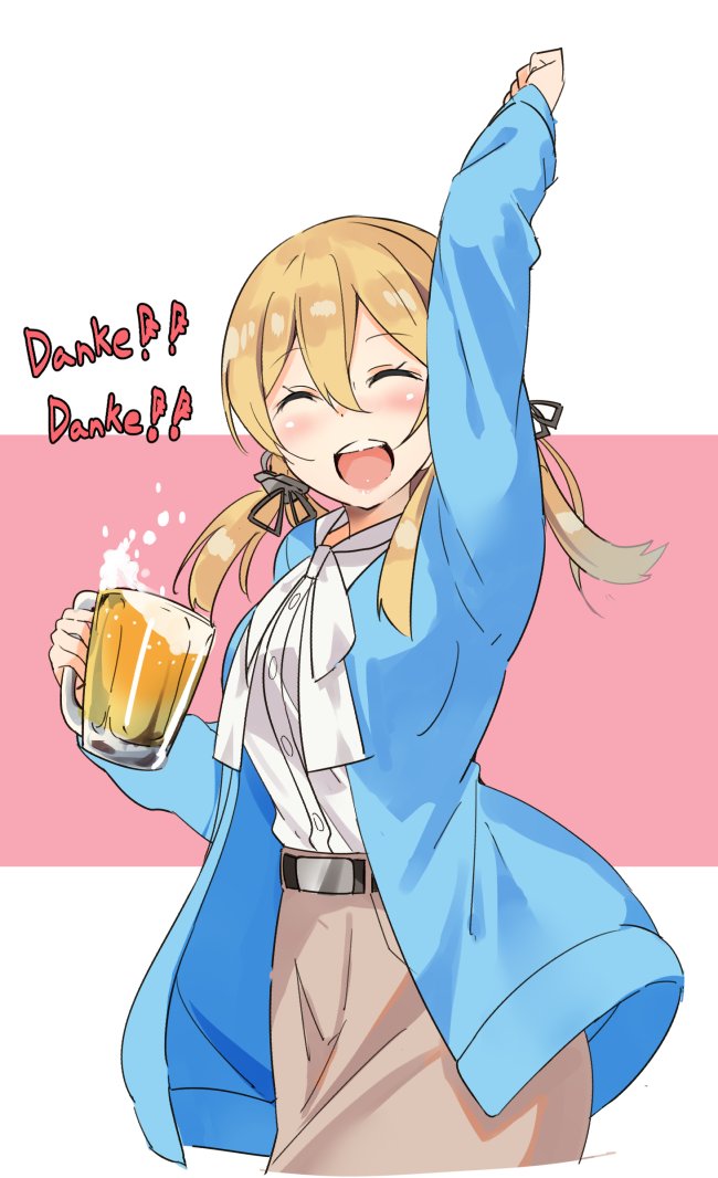 1girl, alcohol, alternate_costume, beer, beer_mug, black_ribbon, blonde_hair, commentary