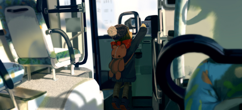 androgynous, arms_up, back, backpack, bag, beanie, black_eyes, black_hair