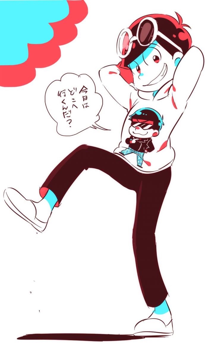 2boys, ajinomisni, arms_behind_head, brothers, chin_stroking, dokonjou_gaeru, hiroshi_(dokonjou_gaeru)_(cosplay), hood, hoodie, living_clothes, matsuno_karamatsu, matsuno_osomatsu, multiple_boys, osomatsu-kun, osomatsu-san, red_eyes, siblings, smile, standing_on_one_leg, sunglasses, sunglasses_on_head