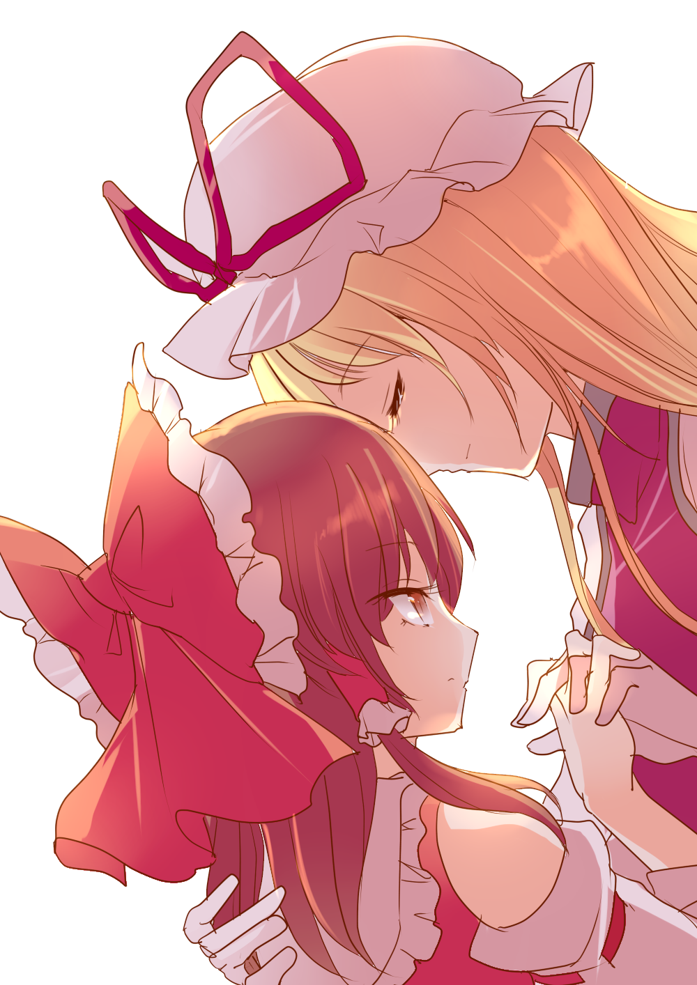 2girls, backlighting, blonde_hair, bow, brown_eyes, brown_hair, closed_eyes, detached_sleeves, expressionless, frilled_bow, frills, fumikiri_(dake_no_hito), hair_bow, hair_tubes, hakurei_reimu, hand_on_another's_back, hands_together, hat, hat_ribbon, highres, interlocked_fingers, long_hair, mob_cap, multiple_girls, profile, red_shirt, ribbon, ribbon-trimmed_sleeves, ribbon_trim, shiny, shiny_hair, shirt, sidelocks, simple_background, sleeveless, sleeveless_shirt, smile, tabard, touhou, upper_body, white_background, yakumo_yukari