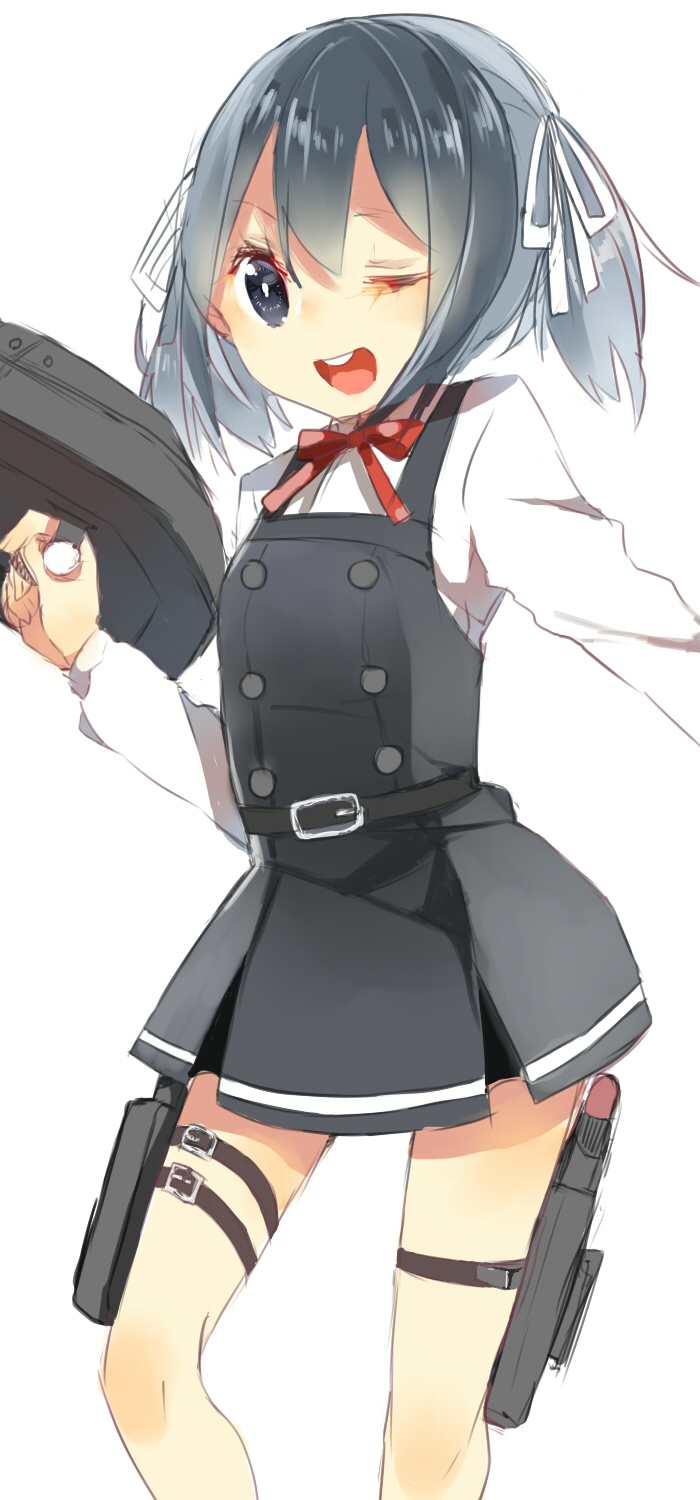 1girl, ;d, belt, blouse, buttons, caddy_cyd, cannon, dress