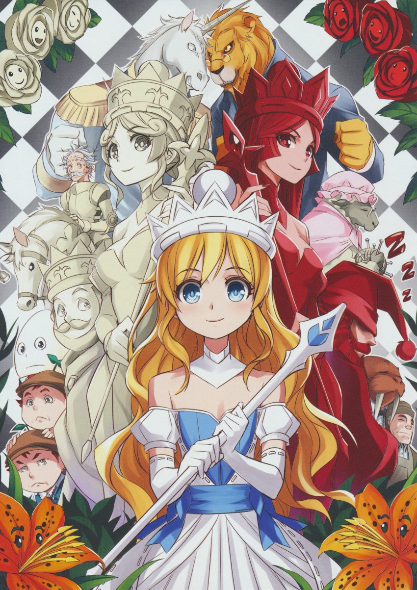 alice_(wonderland), alice_in_wonderland, armor, artist_request, bare_shoulders, blonde_hair, blue_eyes, checkered