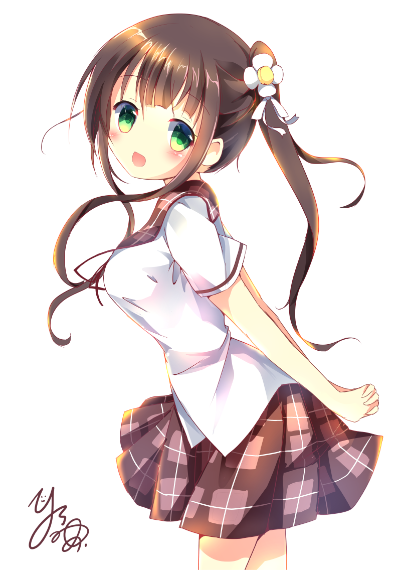 1girl, :d, blush, brown_hair, from_side, gochuumon_wa_usagi_desu_ka?, green_eyes, hinata_yuu_(atelierhinata)