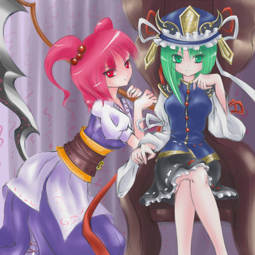 2girls, asymmetrical_hair, chair, coin, crossed_legs, embroidered, facing_viewer, green_eyes, green_hair, hair_bobbles, hair_ornament, hat, indoors, leaning_on_object, long_hair, looking_at_viewer, multiple_girls, obi, onozuka_komachi, pink_hair, raptor7, red_eyes, runes, sash, scythe, shiki_eiki, sitting, touhou, twintails, uniform