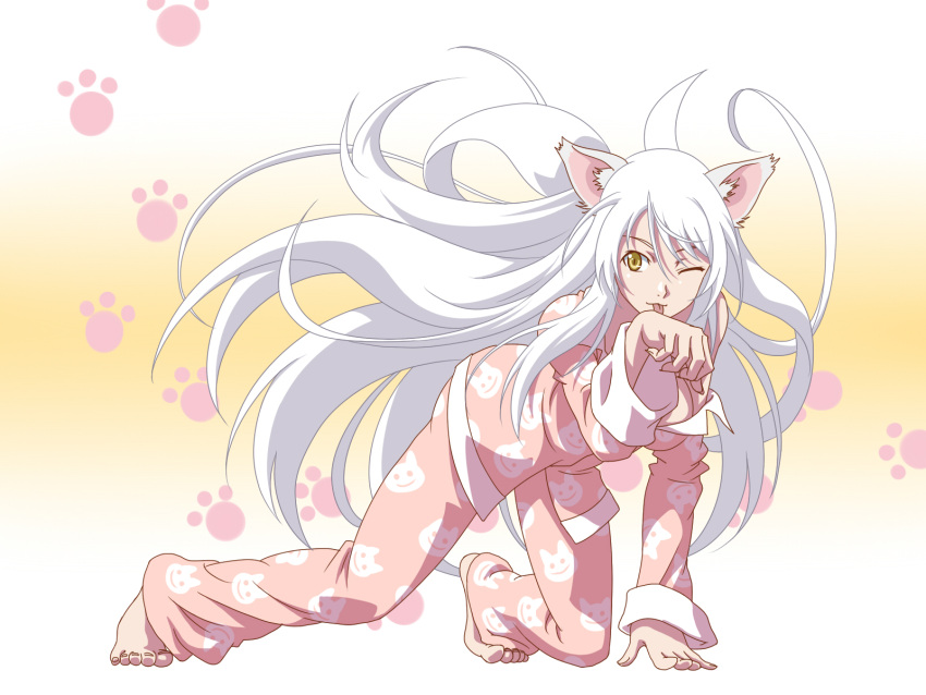 1girl, :3, all_fours, animal_ears, arm_support, bakemonogatari, barefoot, black_hanekawa