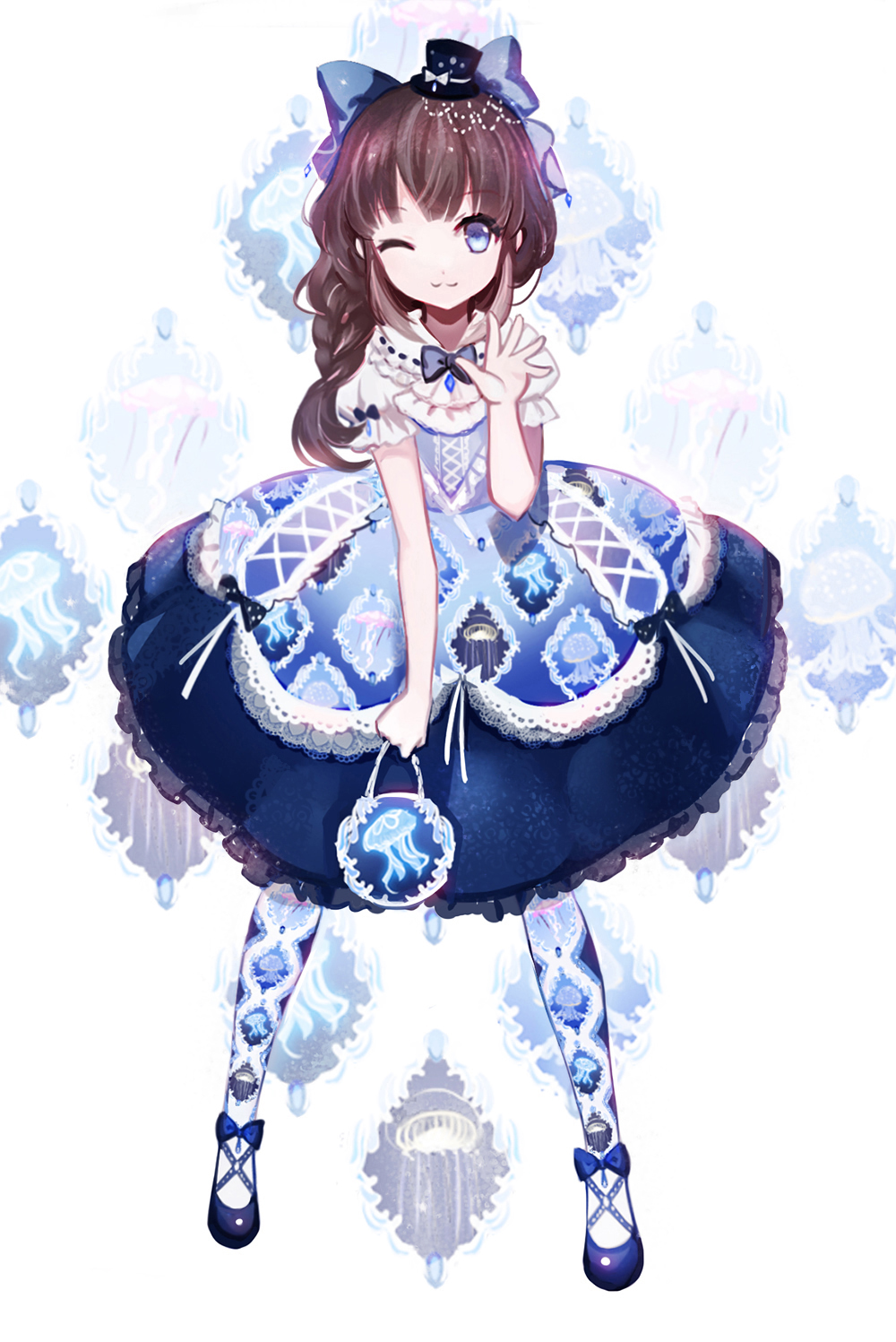 1girl, :3, ;3, animal_print, bag, bangs, blue_eyes, bow, bowtie, braid, brown_hair, commentary_request, cross-laced_clothes, dress, frills, full_body, hair_bow, handbag, hat, highres, jellyfish, jellyfish_print, lolita_fashion, mini_hat, mini_top_hat, moemoe3345, one_eye_closed, original, pantyhose, puffy_short_sleeves, puffy_sleeves, raised_hand, shoes, short_sleeves, sidelocks, single_braid, solo, top_hat, waving