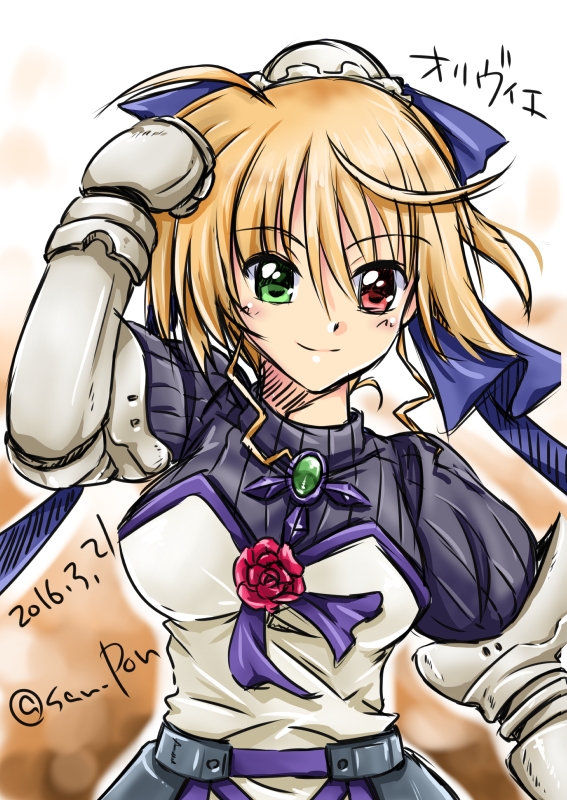 1girl, 2016, armor, armored_dress, blonde_hair, blush, bun_cover, character_name