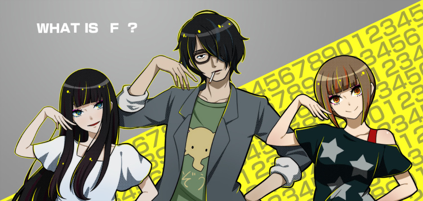 1boy, 2girls, bangs, black_hair, blue_eyes, blunt_bangs, bob_cut, brown_eyes