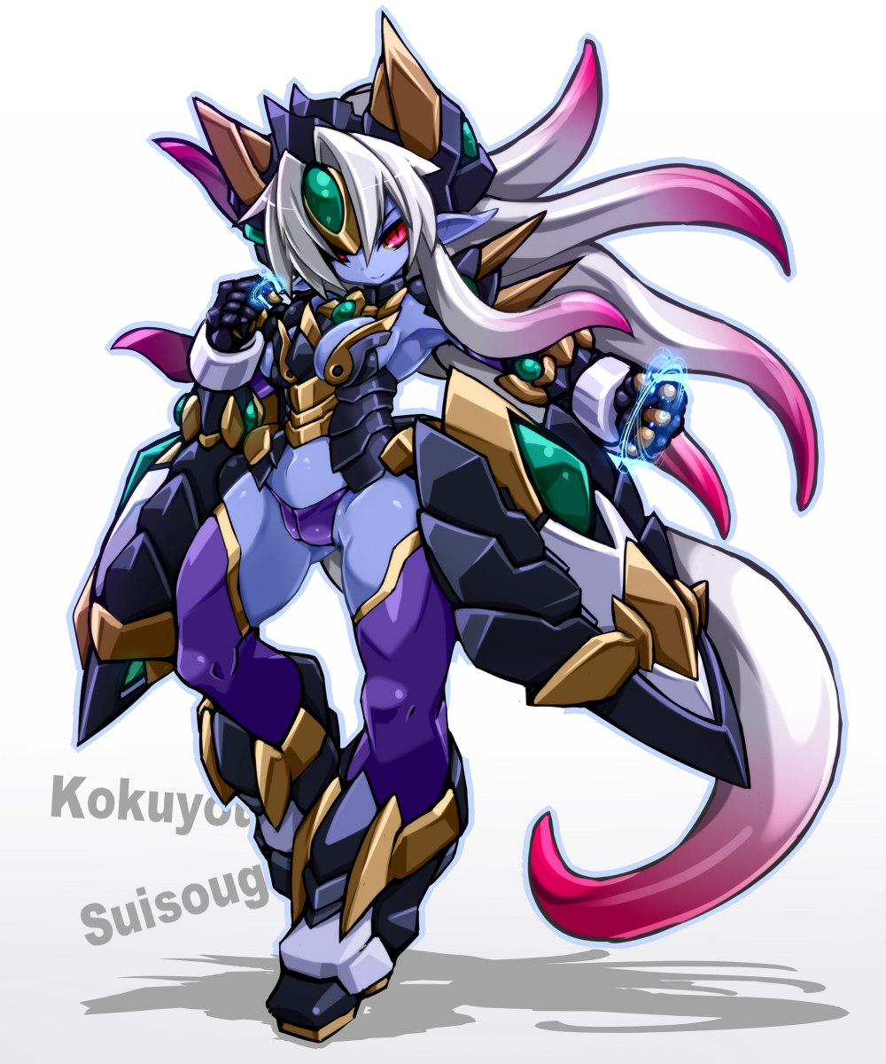 1girl, armor, armpits, blue_skin, character_name, gradient_hair, headgear, highres