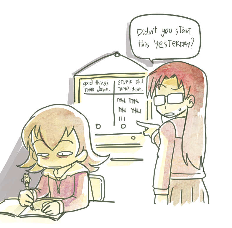 2girls, azumanga_daioh, bags_under_eyes, book, brown_eyes, brown_hair, chiyo_chichi, drawfag