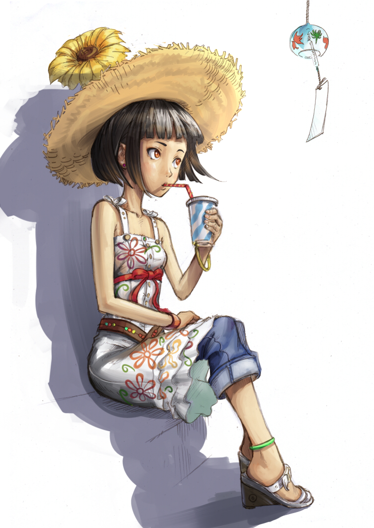 black_hair, bracelet, dress, drinking, flower, hat, hibakari, jeans