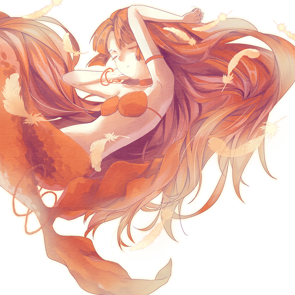 1girl, choker, closed_eyes, feathers, long_hair, mermaid, mermaid_melody_pichi_pichi_pitch, monster_girl, nightsky, orange_hair, seira_(mermaid_melody_pichi_pichi_pitch), shell, shell_bikini