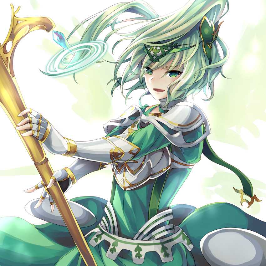 1boy, armor, breastplate, circlet, fingerless_gloves, gloves, green_eyes, green_hair