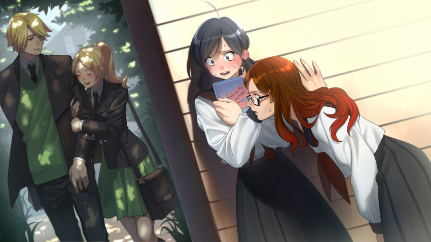 1boy, 3girls, :d, @_@, ^_^, ^o^, aconitea, adrien_agreste, against_wall, ahoge, alya_cesaire, arm_hug, arms_at_sides, bag, belt, black-framed_glasses, black_hair, black_necktie, black_skirt, blonde_hair, blue_eyes, blush, book, brown_hair, buckle, building, buttons, chloe_bourgeois, closed_eyes, collared_shirt, copyright_request, crossed_arms, dappled_sunlight, day, dress_shirt, dutch_angle, embarrassed, english, folder, gakuran, glasses, gradient_hair, green_eyes, green_skirt, hair_ornament, hairclip, handbag, highres, holding, holding_book, house, jacket, long_hair, long_skirt, long_sleeves, low_twintails, marinette_dupain-cheng, miraculous_ladybug, multicolored_hair, multiple_girls, necktie, open_clothes, open_jacket, open_mouth, outdoors, path, plant, pleated_skirt, red_necktie, redhead, road, sailor_collar, school_uniform, semi-rimless_glasses, serafuku, shirt, skirt, smile, sunlight, sweat, sweatdrop, sweater, tareme, tree, twintails, under-rim_glasses, white_shirt, window, wooden_wall