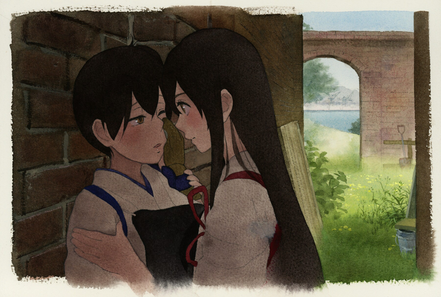 2girls, akagi_(kantai_collection), brown_eyes, brown_hair, gloves, japanese_clothes, kaga_(kantai_collection), kantai_collection