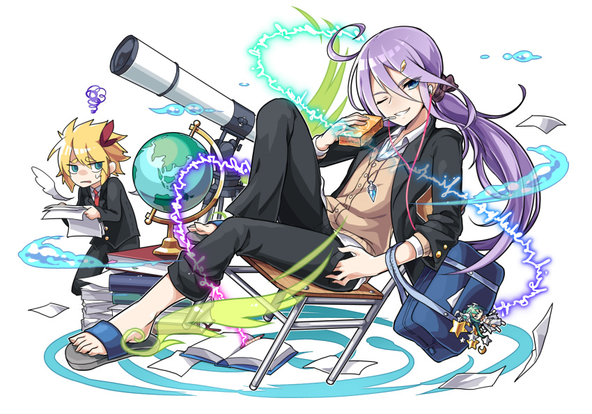 2boys, ahoge, apollo_(p&amp;d), artemis_(p&amp;d), bag, blonde_hair, blue_eyes, book