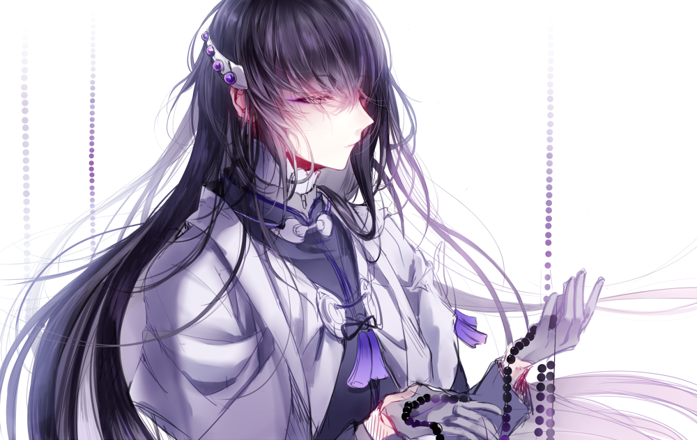 1boy, beads, black_hair, eyes_visible_through_hair, gloves, juzumaru_tsunetsugu, long_hair, male_focus