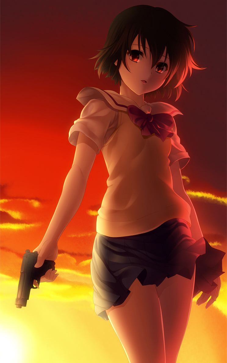 1girl, 846-gou, :o, arms_at_sides, backlighting, black_hair, black_skirt, bow, bowtie, clouds, cowboy_shot, evening, eyelashes, gun, hair_between_eyes, handgun, holding, holding_gun, holding_weapon, legs_together, light_smile, looking_at_viewer, miniskirt, noir, orange_sky, pistol, purple_bow, purple_bowtie, red_eyes, sailor_collar, school_uniform, serafuku, shirt, short_hair, short_sleeves, skirt, sky, solo, sunset, tareme, thighs, weapon, white_shirt, yuumura_kirika
