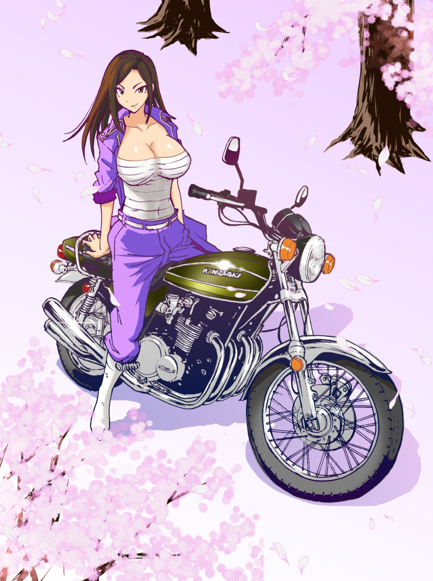 1girl, belt, boots, breasts, brown_eyes, brown_hair, cherry_blossoms, cleavage