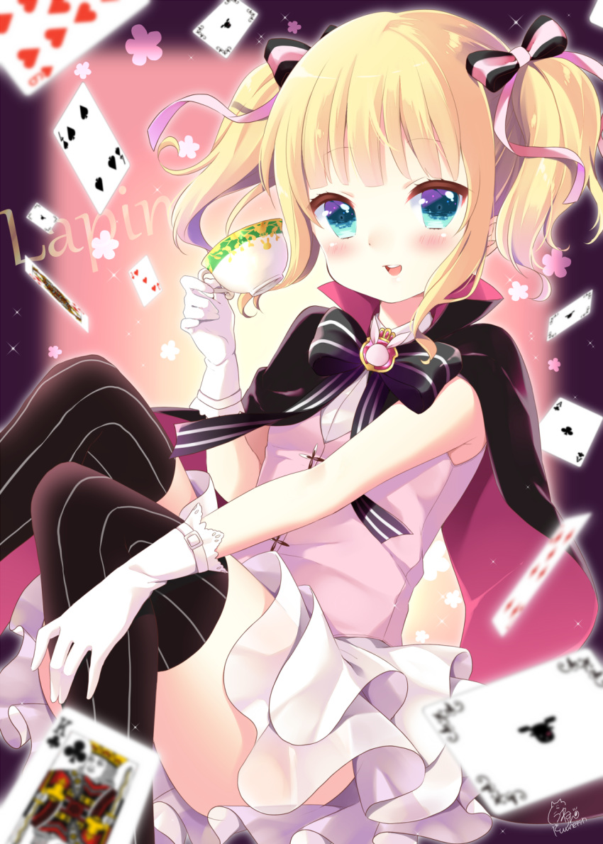 1girl, black_legwear, blonde_hair, blue_eyes, blush, cape, card, cup