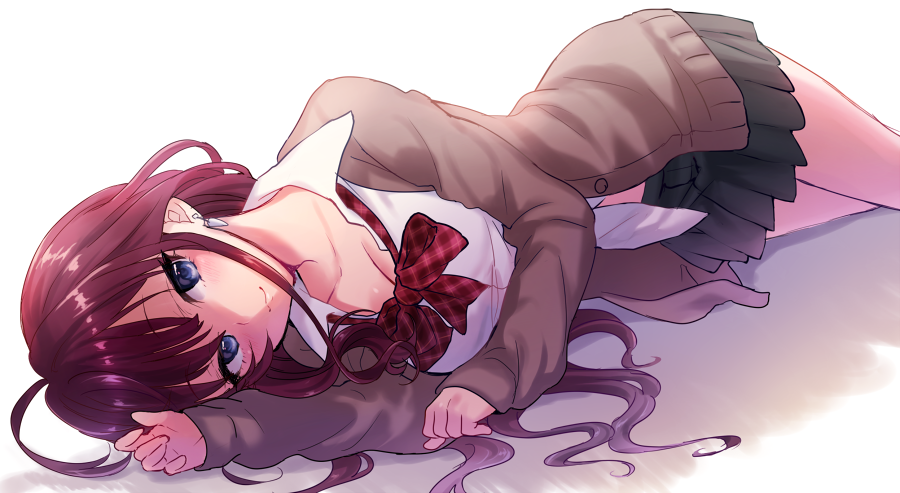 1girl, :3, blue21, blue_eyes, blush, breasts, brown_hair, cardigan
