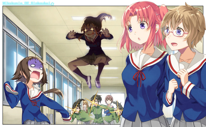 >_<, +_+, 6+girls, :d, :o, afterimage, bangs, biting