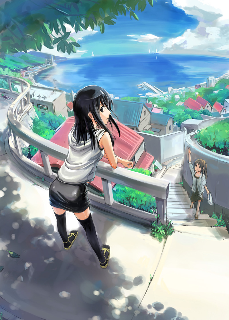 ass, bag, black_eyes, black_hair, black_legwear, boat, brown_hair, city