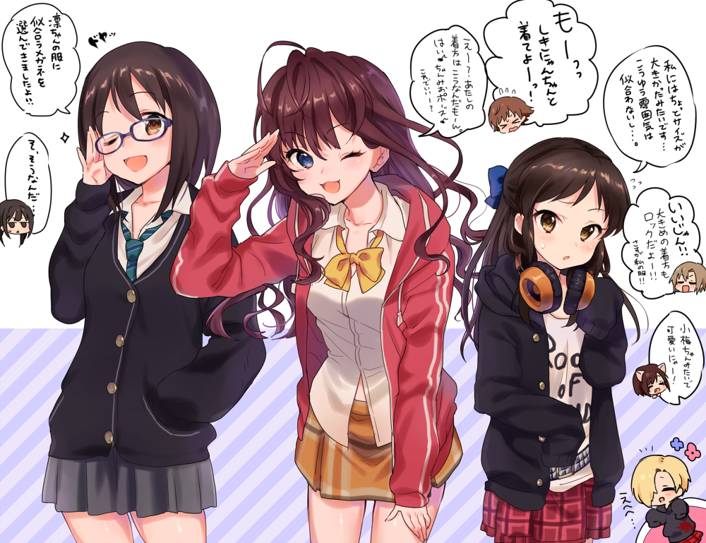 6+girls, :3, :d, ;3, ;d, adjusting_glasses, arm_up, belt