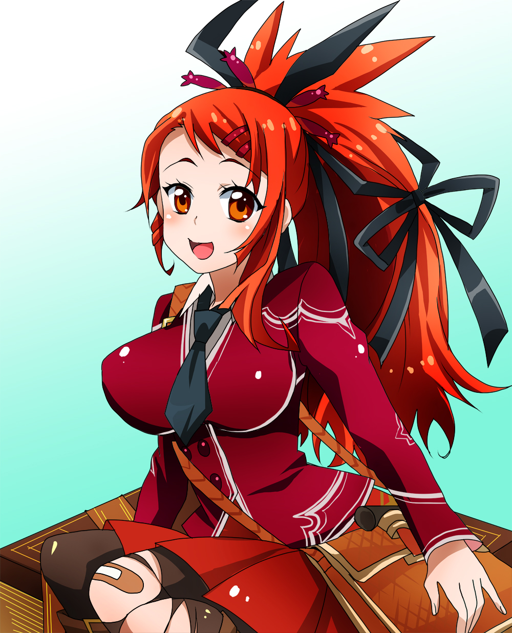 1girl, aqua_background, bag, bandages, black_bow, black_necktie, bow, breasts, brown_eyes, cowboy_shot, flower_knight_girl, gradient, gradient_background, hair_bow, hair_ornament, hairclip, handbag, highres, long_hair, looking_at_viewer, masako_(sabotage-mode), necktie, orange_hair, pantyhose, ponytail, red_shirt, red_skirt, russelia_(flower_knight_girl), shirt, sitting, skirt, smile, solo, torn_clothes, torn_pantyhose, white_background