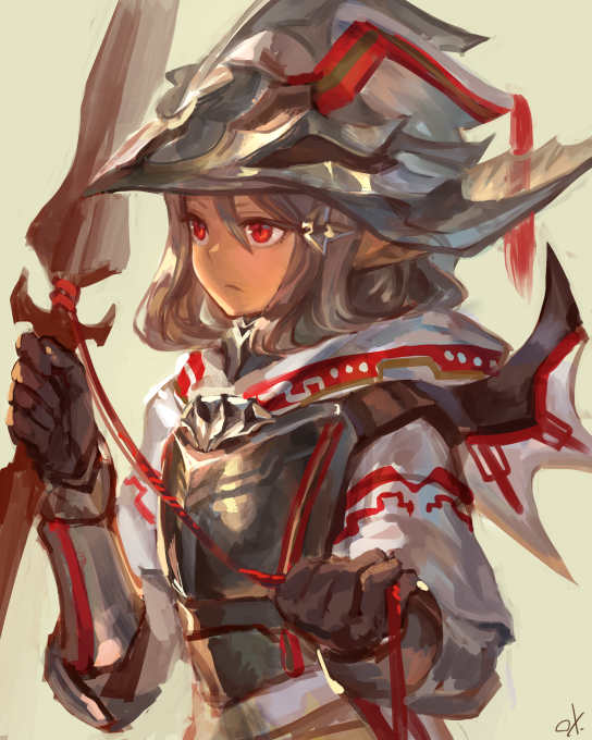 1girl, armor, dark_skin, helmet, jitome, ox_(baallore), pointy_ears, red_eyes, serious, short_hair, silver_hair, sword, weapon