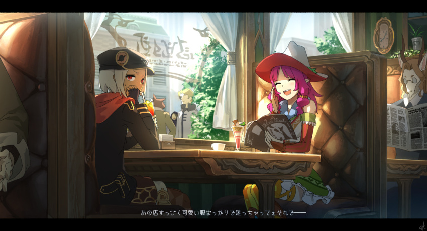 2girls, :d, book, bridal_gauntlets, cafe, capelet, closed_eyes, dark_skin